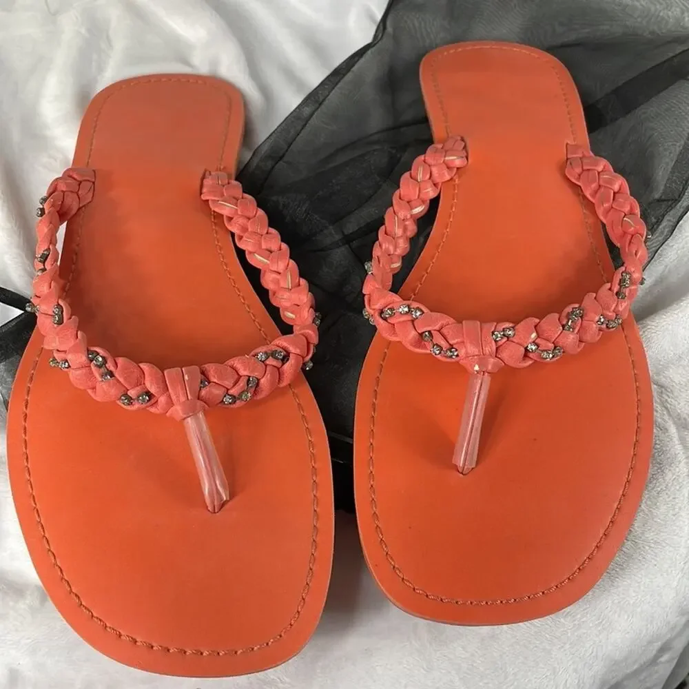Coral Braided Jeweled Strap Flat Flip Flop Size 11/12.  Beach Coastal Summer Fun